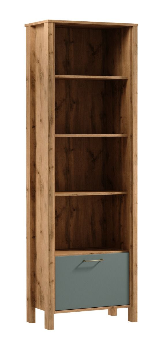 Schrank Braianik 26 mit 1 Kippfach, 200 x 66 x 37 cm, 4 offene Fächer, Eiche Wotan / Grün, Wohnzimmer, Büro, Griff aus Metall, Füße: 36 mm dick