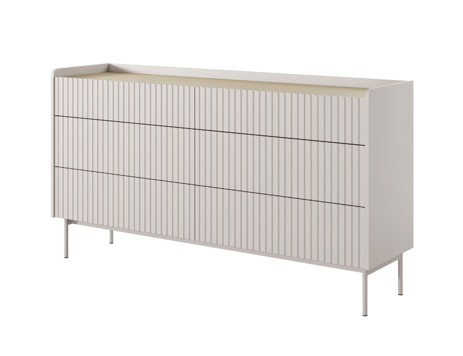 Schlichte Kommode mit sechs Schubladen Skhira 03, modernes Design, Farbe: Beige / Eiche Scandi, Push-to-open, ABS-Kantenschutz, Beine: Metall