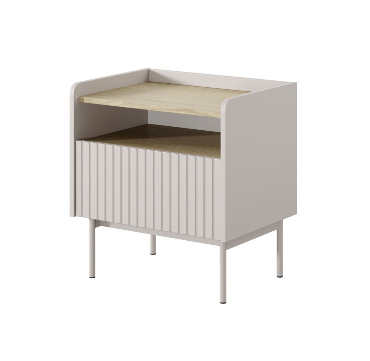 Nachtkommode mit einer Schublade Skhira 06, Farbe: Beige / Eiche Scandi, ein Fach, Push-to-open, Maße: 56 x 53 x 38 cm, einfaches und stylisches Design