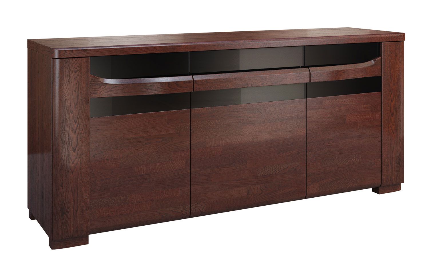 Sideboard mit genügend Stauraum Krasno 08, Eiche Massivholz, sechs Fächer, eine Schublade, Lacobel-Glas, Push-to-open Funktion, Maße: 82 x 182 x 53 cm