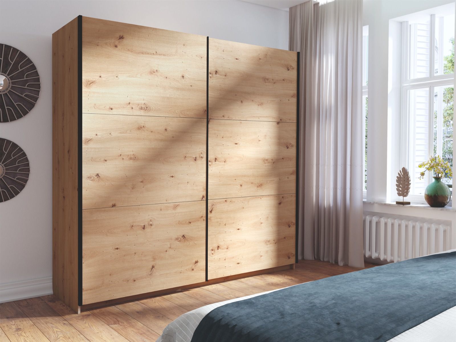 Kleiderschrank Lamia, Farbe: Eiche Artisan, Naturoptik, 6 Fächer, 1 Kleiderstange, Maße: 207 x 201 x 62 cm, für Schlafzimmer, mit 2 Schiebetüren