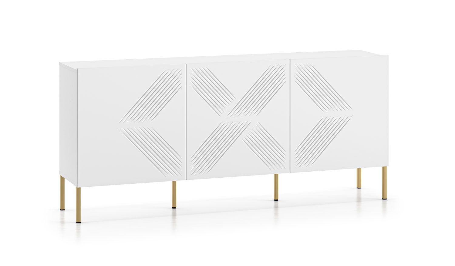 Stylisches Sideboard / Kommode mit drei Türen Taos 06, Farbe: Weiß matt, Goldene Beine, dekorative Front, Maße: 77 x 170 x 37 cm, mit drei Türen, mit sechs Fächer