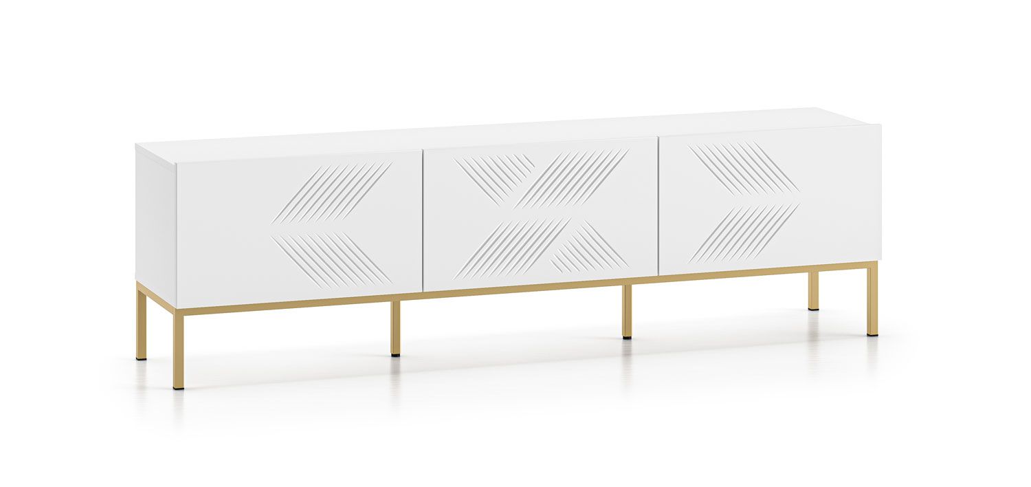 Moderner TV-Schrank / TV-Bank für Wohnzimmer Taos 16, Beine: Gold, sehr gut Kombinierbar, Farbe: Weiß matt, Maße: 50 x 170 x 37 cm, mit drei Kippfächer, sehr Stabil