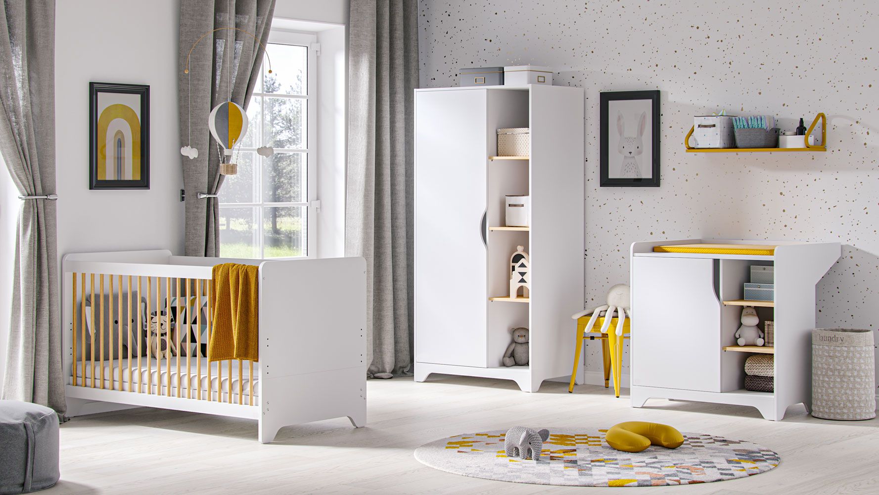 Kinderzimmer Babyzimmer Komplett - Set  A Majvi, 3-teilig, Farbe: Weiß / Eiche