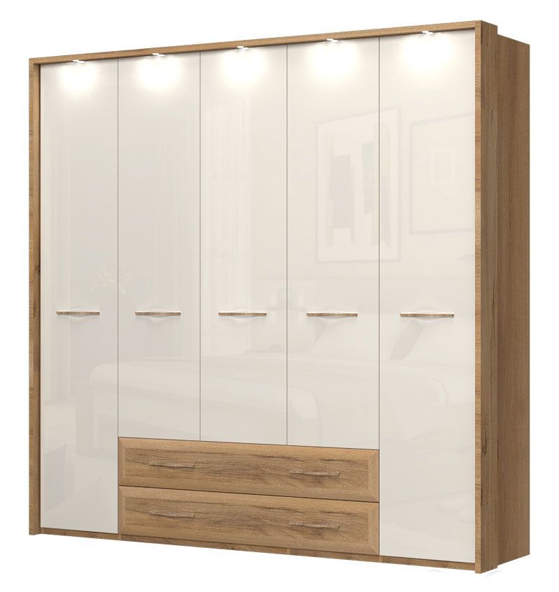 Drehtürenschrank / Kleiderschrank mit LED-Rahmen Gataivai 57, Farbe: Beige Hochglanz / Walnuss - Abmessungen: 224 x 227 x 56 cm (H x B x T)