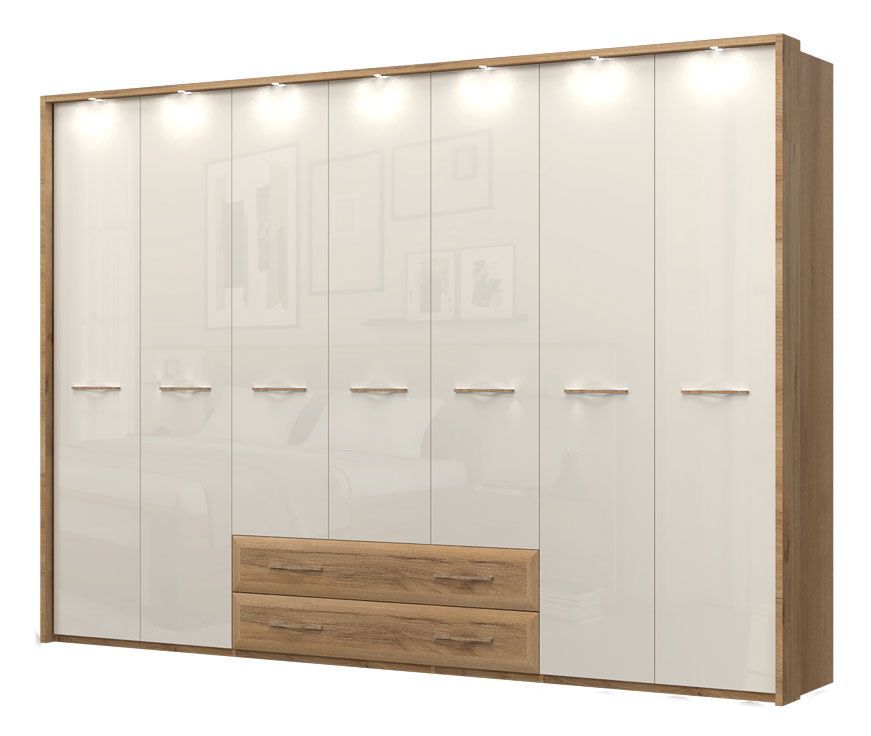 Drehtürenschrank / Kleiderschrank mit LED-Rahmen Gataivai 60, Farbe: Beige Hochglanz / Walnuss - Abmessungen: 224 x 272 x 56 cm (H x B x T)