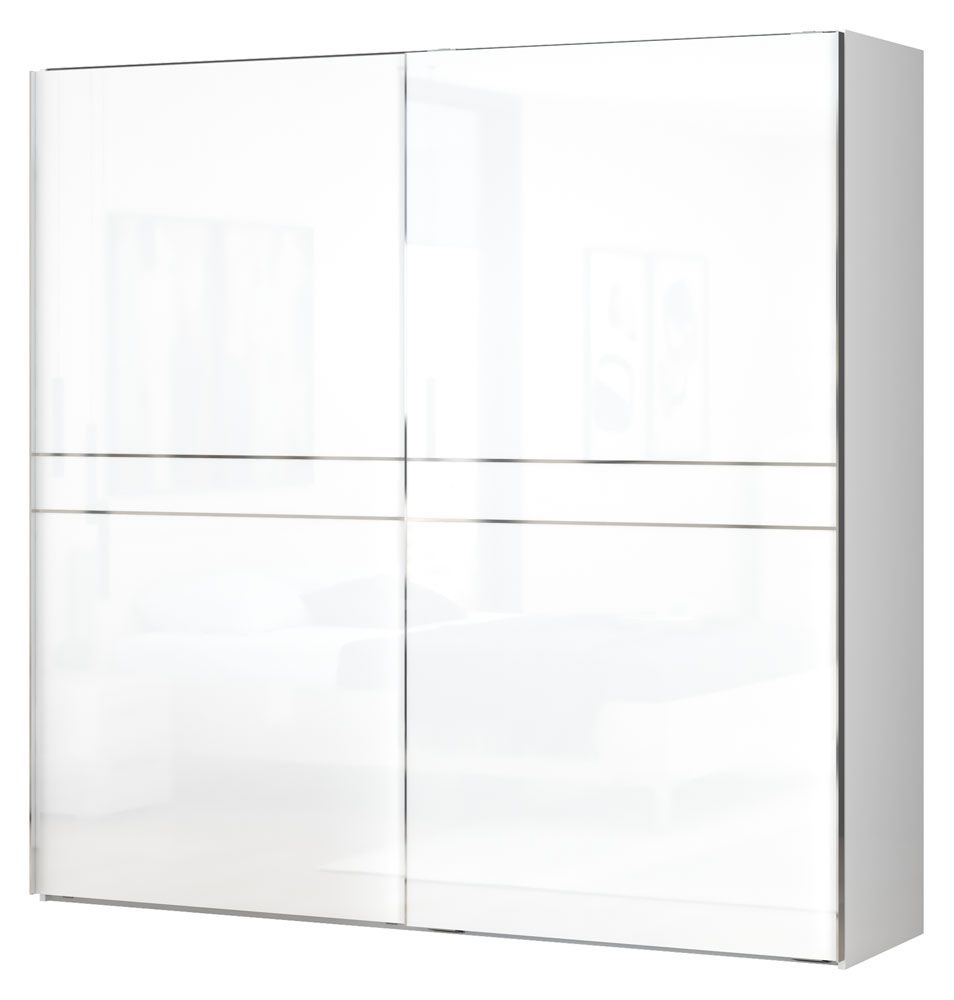 Schwebetürenschrank / Kleiderschrank Siumu 07, Farbe: Weiß / Weiß Hochglanz - 224 x 230 x 61 cm (H x B x T)