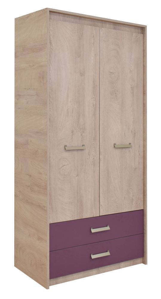 Kinderzimmer - Drehtürenschrank / Kleiderschrank Koa 02, Farbe: Eiche / Violett - Abmessungen: 203 x 96 x 52 cm (H x B x T)