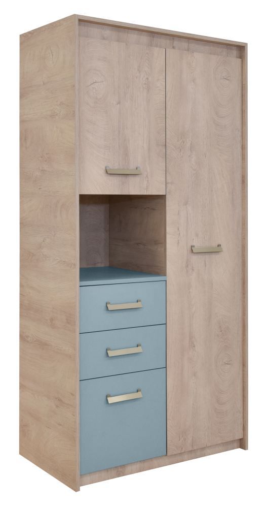 Kinderzimmer - Schrank Koa 05, Farbe: Eiche / Blau - Abmessungen: 203 x 96 x 52 cm (H x B x T)