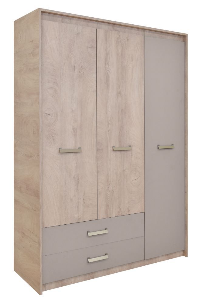 Kinderzimmer - Drehtürenschrank / Kleiderschrank Koa 03, Farbe: Eiche / Beige - Abmessungen: 203 x 142 x 52 cm (H x B x T)