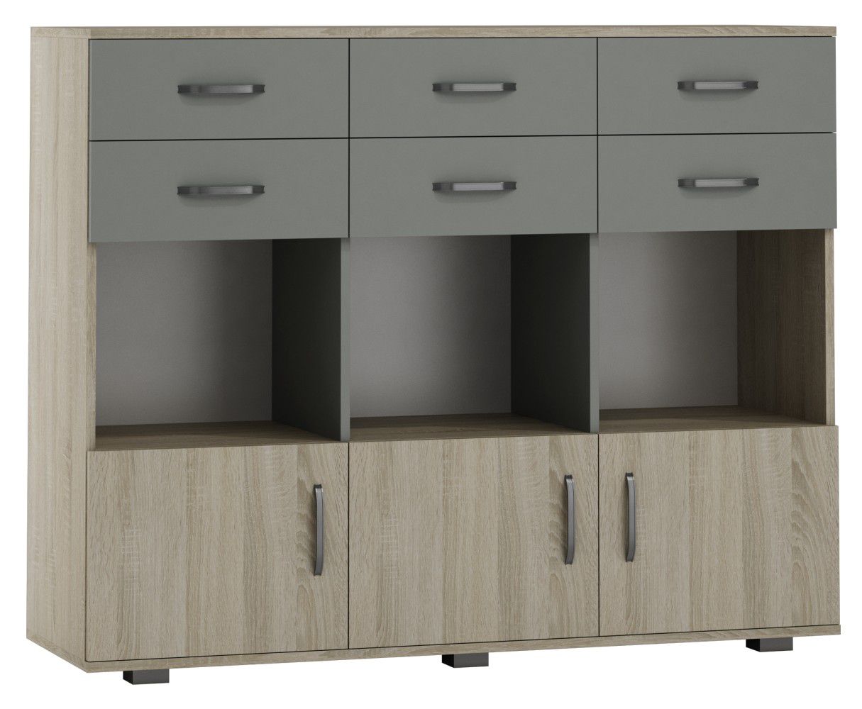 Kommode Ciomas 21, Farbe: Sonoma Eiche / Grau - Abmessungen: 104 x 130 x 40 cm (H x B x T)