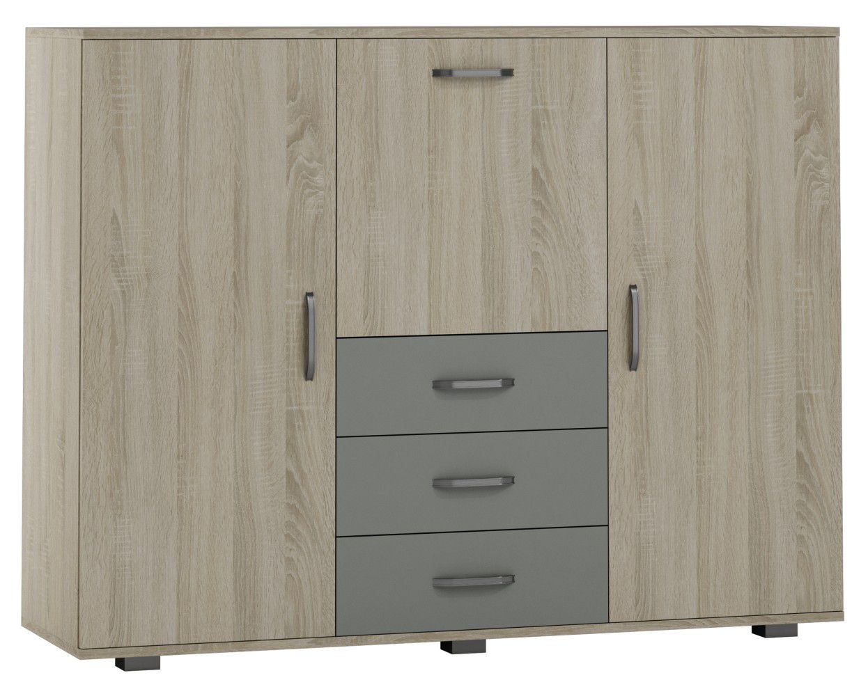 Kommode Ciomas 04, Farbe: Sonoma Eiche / Grau - Abmessungen: 104 x 135 x 40 cm (H x B x T)