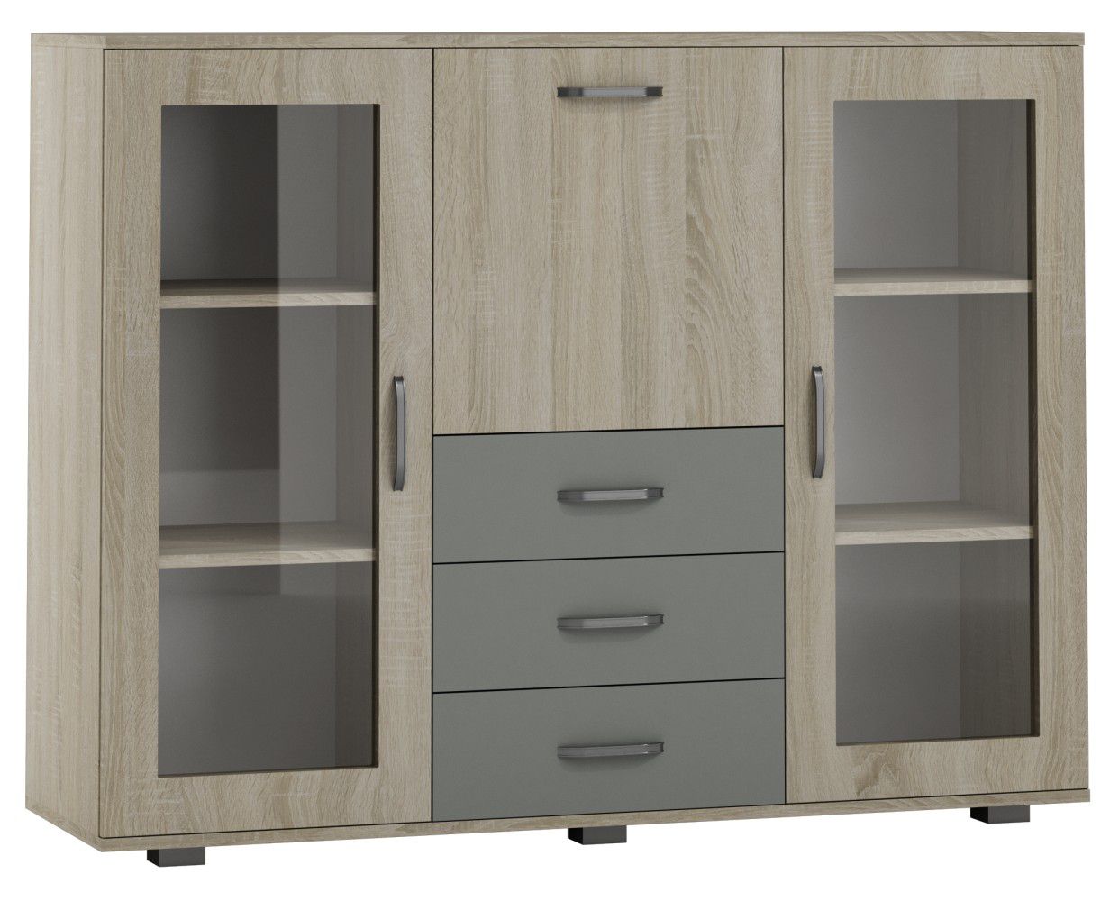 Vitrine Ciomas 02, Farbe: Sonoma Eiche / Grau - Abmessungen: 104 x 135 x 40 cm (H x B x T)