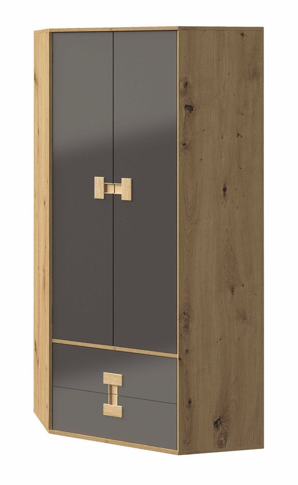 Jugendzimmer - Drehtürenschrank / Eckkleiderschrank Garian 02, Farbe: Eiche / Grau, Abmessungen: 191 x 88 x 88 cm (H x B x T)