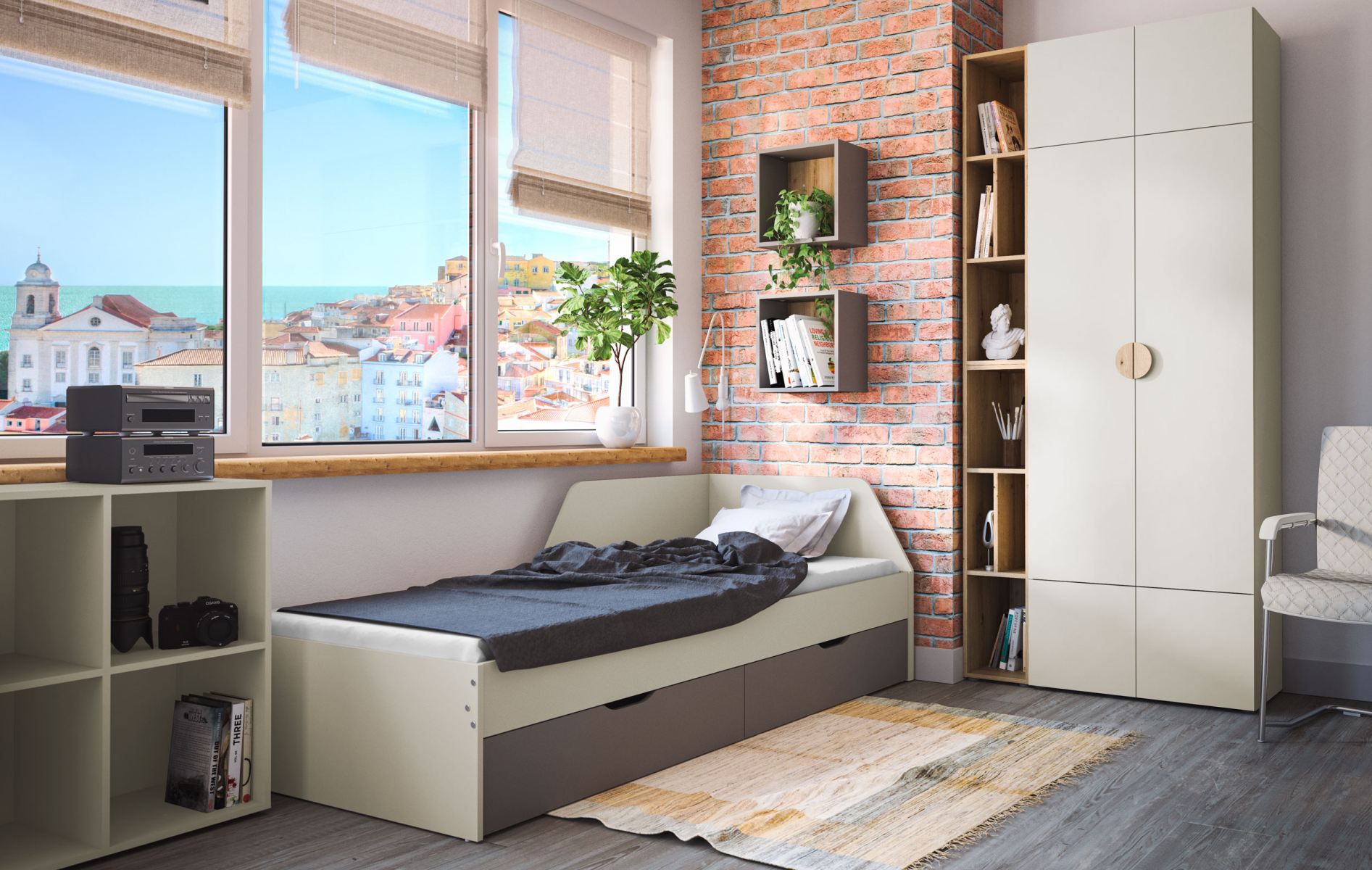 Schlafzimmer Komplett - Set B Maräne, 8-teilig, Farbe: Beige / Eiche Artisan / Anthrazit