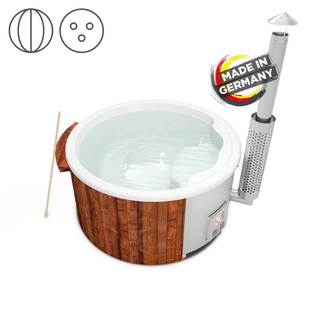 Hot Tub 03 aus Thermoholz mit LED-Beleuchtung, Thermodeckel und Wärmedämmung, Wanne: Weiß, Innendurchmesser: 180 cm