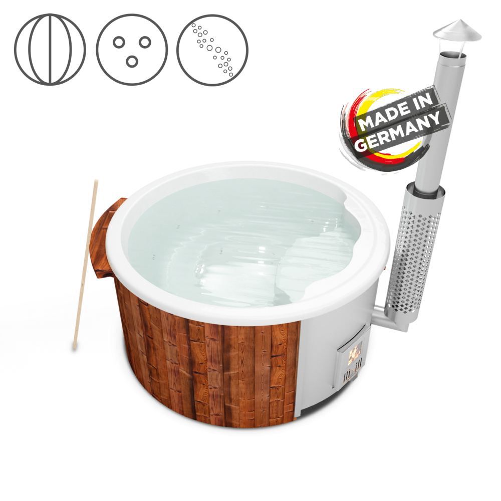 Hot Tub 03 aus Thermoholz mit LED-Beleuchtung, Thermodeckel, Luftmassagedüsen und Wärmedämmung, Wanne: Weiß, Innendurchmesser: 180 cm