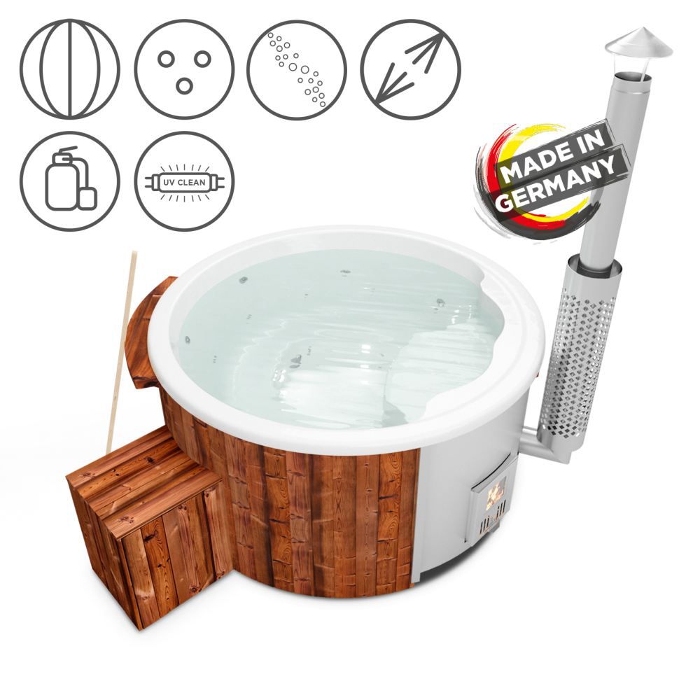 Hot Tub 03 aus Thermoholz mit LED-Beleuchtung, Thermodeckel, Kombimassagedüsen, Sandfilter, Holzbox, UV-Lampe und Wärmedämmung, Wanne: Weiß, Innendurchmesser: 180 cm