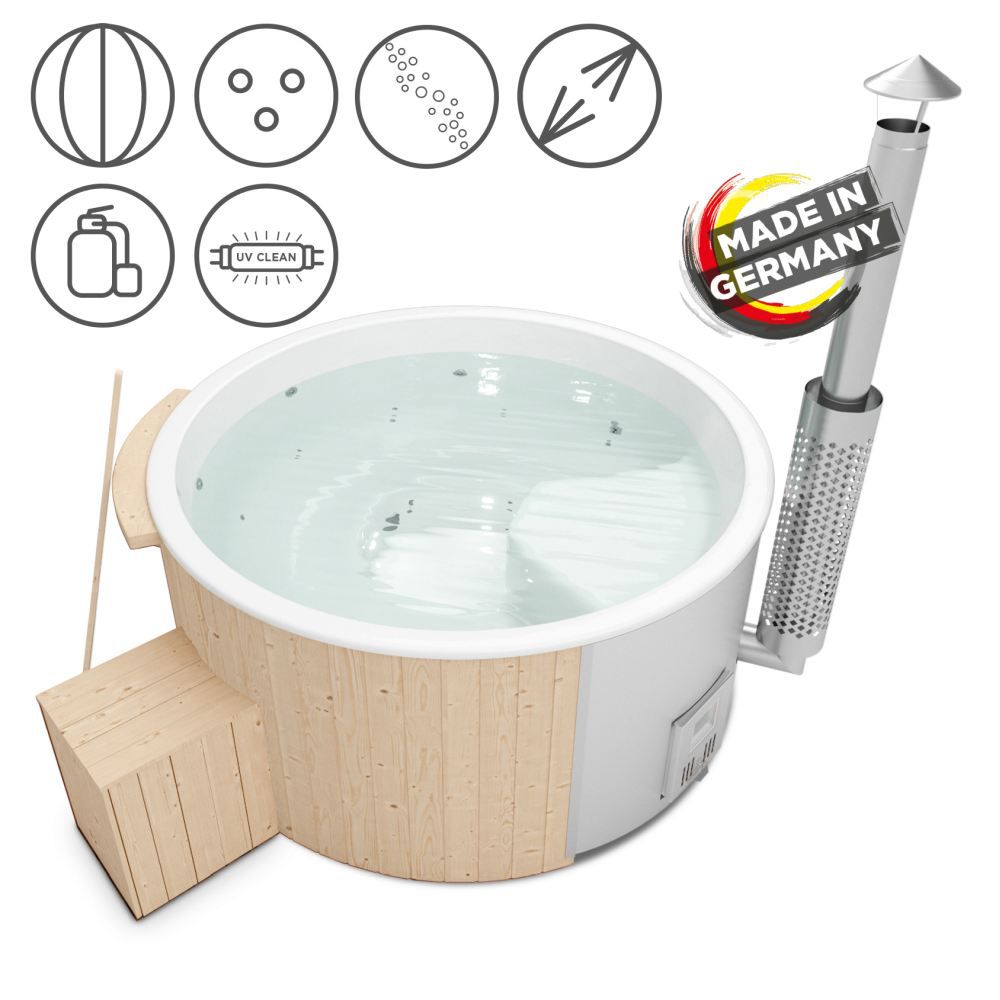 Hot Tub 03 aus Fichtenholz mit LED-Beleuchtung, Thermodeckel, Kombimassagedüsen, Sandfilter, Holzbox, UV-Lampe und Wärmedämmung, Wanne: Weiß, Innendurchmesser: 200 cm