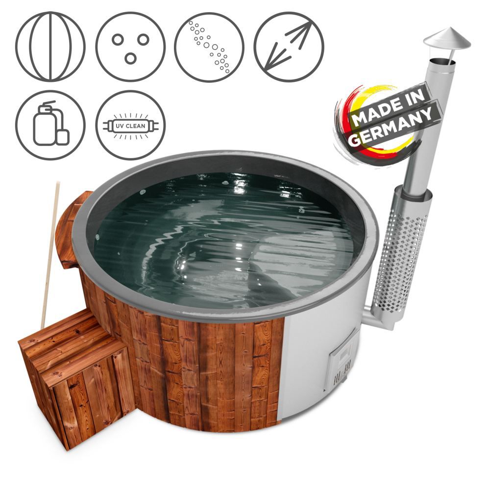 Hot Tub 03 aus Thermoholz mit LED-Beleuchtung, Thermodeckel, Kombimassagedüsen, Sandfilter, Holzbox, UV-Lampe und Wärmedämmung, Wanne: Anthrazit, Innendurchmesser: 200 cm