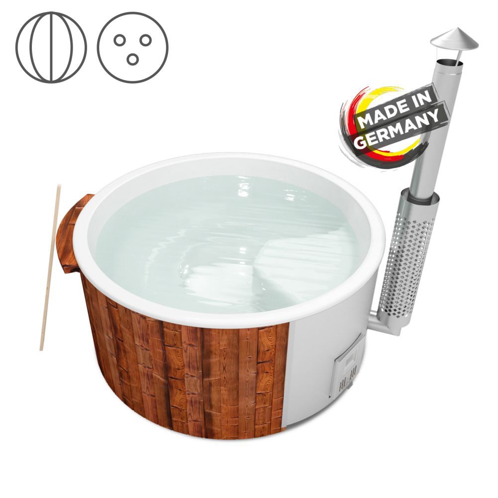 Hot Tub 03 aus Thermoholz mit LED-Beleuchtung, Thermodeckel und Wärmedämmung, Wanne: Weiß, Innendurchmesser: 200 cm