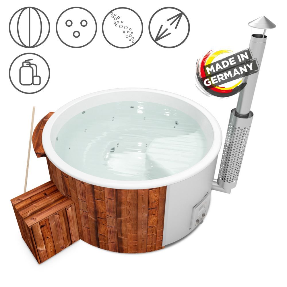 Hot Tub 03 aus Thermoholz mit LED-Beleuchtung, Thermodeckel, Kombimassagedüsen, Sandfilter, Holzbox und Wärmedämmung, Wanne: Weiß, Innendurchmesser: 200 cm