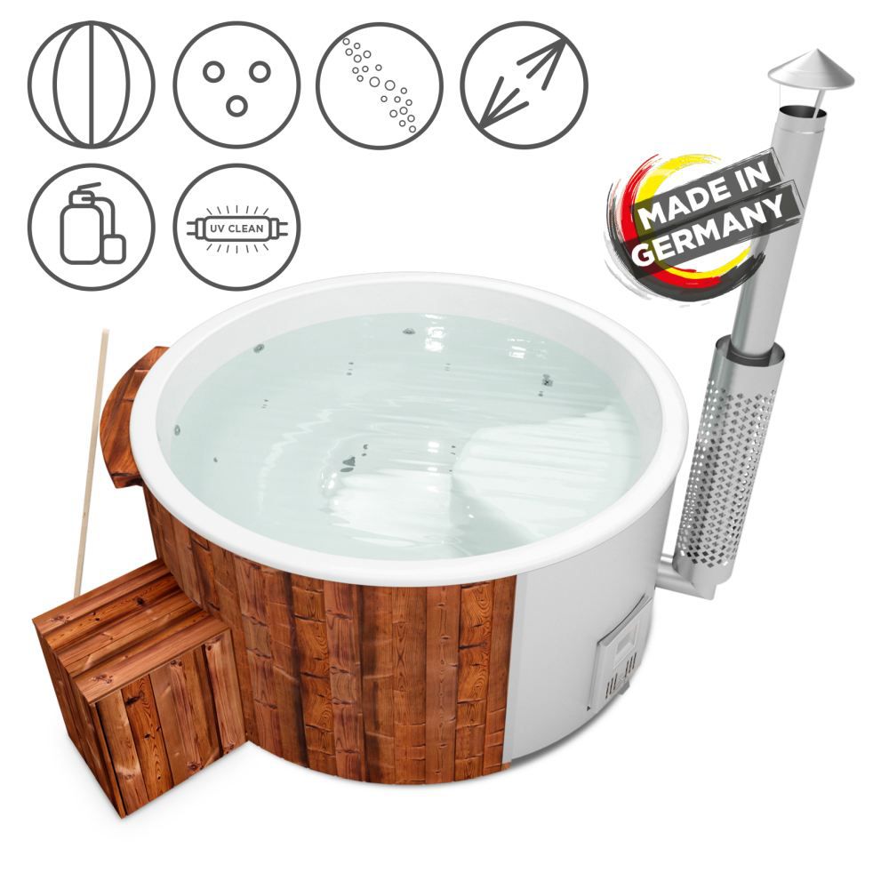 Hot Tub 03 aus Thermoholz mit LED-Beleuchtung, Thermodeckel, Kombimassagedüsen, Sandfilter, Holzbox, UV-Lampe und Wärmedämmung, Wanne: Weiß, Innendurchmesser: 200 cm