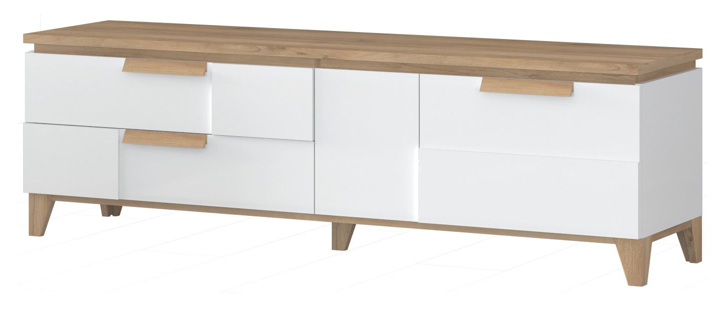 TV-Unterschrank Safotu 01, Farbe: Weiß Hochglanz / Walnuss - 56 x 180 x 46 cm (H x B x T)