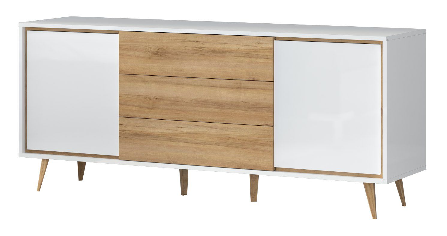 Kommode Tuanai 05, Farbe: Eiche / Weiß Hochglanz - 78 x 180 x 47 cm (H x B x T)