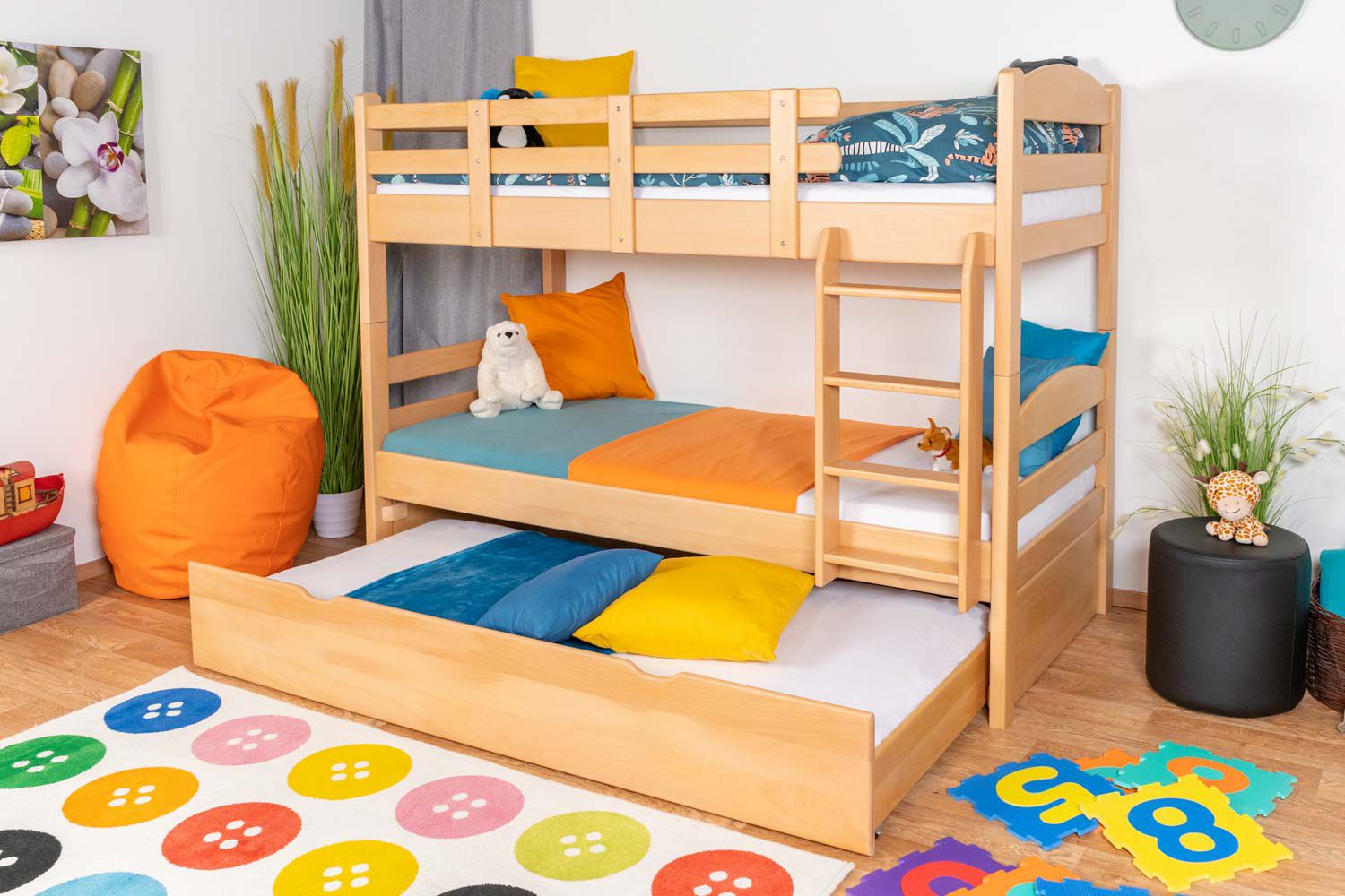 Etagenbett / Stockbett 90 x 200 cm für Kinder "Easy Premium Line" K17/n inkl. Liegeplatz und 2 Abdeckblenden, Buche Massivholz Natur lackiert, teilbar