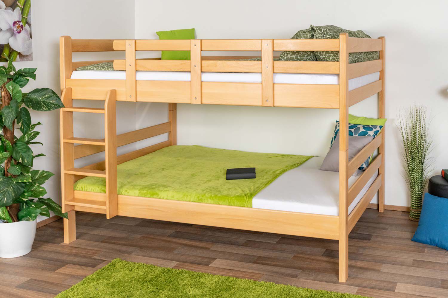 Stockbett 140 x 200 cm für Erwachsene "Easy Premium Line" K24/n, Kopf- und Fußteil gerade, Buche Massivholz Natur lackiert, teilbar