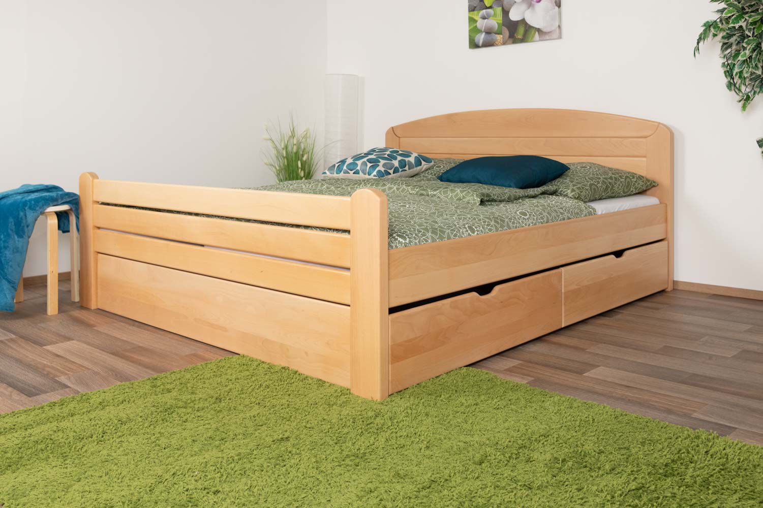 Doppelbett "Easy Premium Line" K7 inkl. 2 Schubladen und 1 Abdeckblende, 160 x 200 cm Buche Vollholz massiv Natur