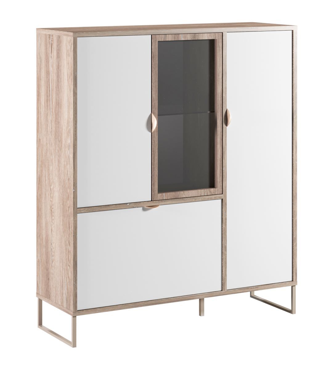 Vitrine Albondon 08, Farbe: Eiche / Weiß Glanz - Abmessungen: 123 x 106 x 35 cm (H x B x T)