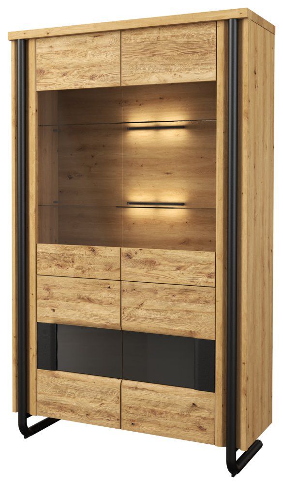 Vitrine Ogulin 01, Farbe: Eiche / Schwarz, teilmassiv - Abmessungen: 199 x 119 x 45 cm (H x B x T)