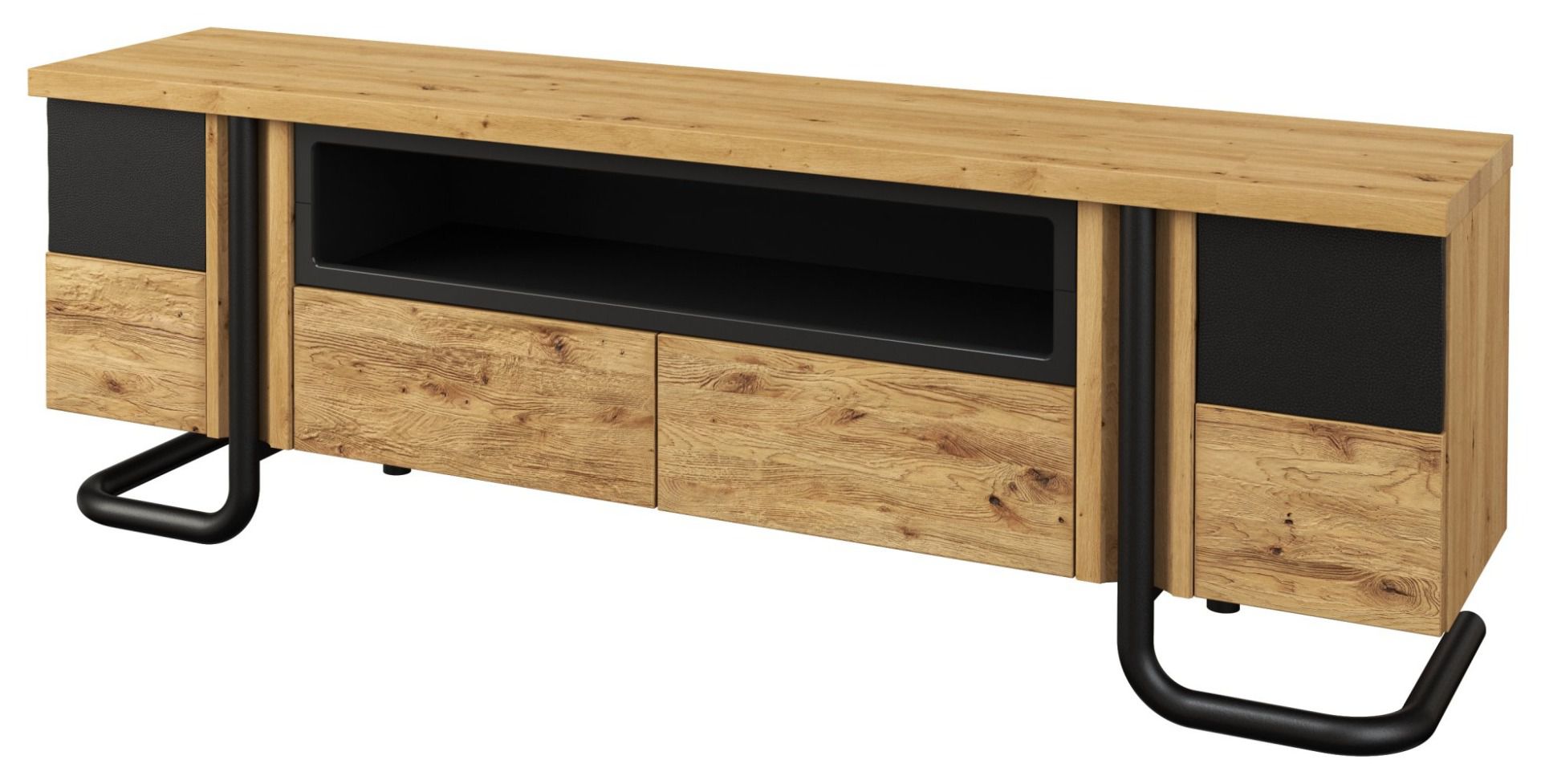 TV-Unterschrank Ogulin 16, Farbe: Eiche / Schwarz, teilmassiv - Abmessungen: 63 x 197 x 45 cm (H x B x T)