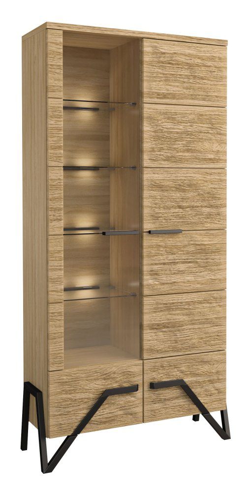 Vitrine Kastav 03, Farbe: Eiche / Schwarz, teilmassiv - 201 x 100 x 40 cm (H x B x T)