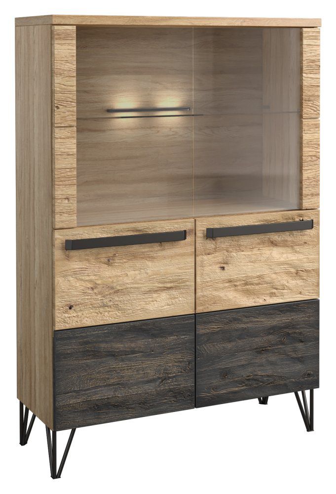 Vitrine Benkovac 05, Farbe: Eiche / Schwarz, teilmassiv - Abmessungen: 140 x 94 x 40 cm (H x B x T)