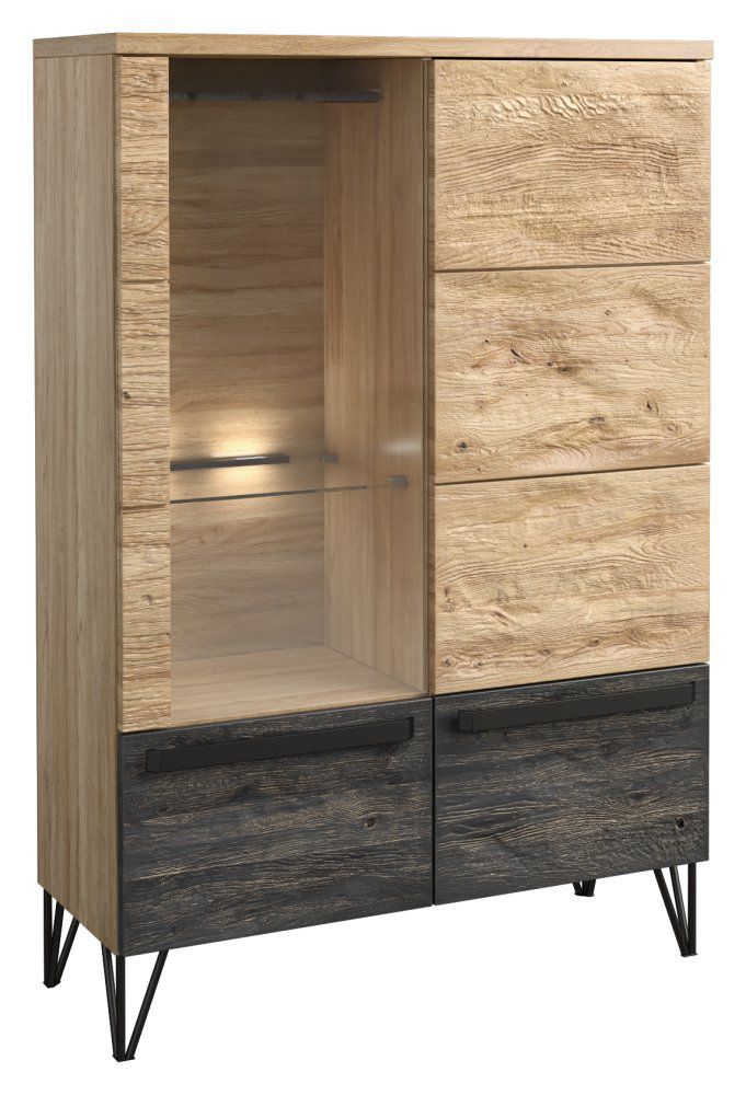 Vitrine Benkovac 06, Farbe: Eiche / Schwarz, teilmassiv - Abmessungen: 140 x 94 x 40 cm (H x B x T)