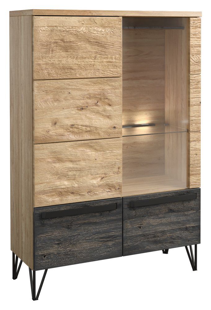 Vitrine Benkovac 07, Farbe: Eiche / Schwarz, teilmassiv - Abmessungen: 140 x 94 x 40 cm (H x B x T)