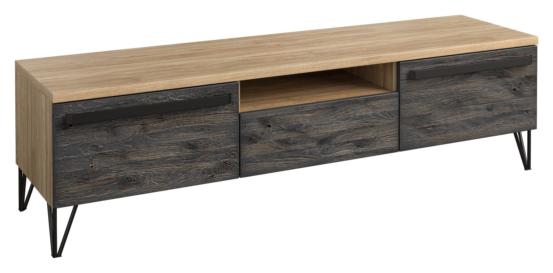 TV-Unterschrank Benkovac 11, Farbe: Eiche / Schwarz, teilmassiv - Abmessungen: 49 x 174 x 50 cm (H x B x T)