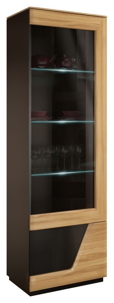 Vitrine mit Türanschlag rechts "Belica" 23, Farbe: Eiche natur / Schwarz, teilmassiv - Abmessungen: 192 x 61 x 43 cm (H x B x T)