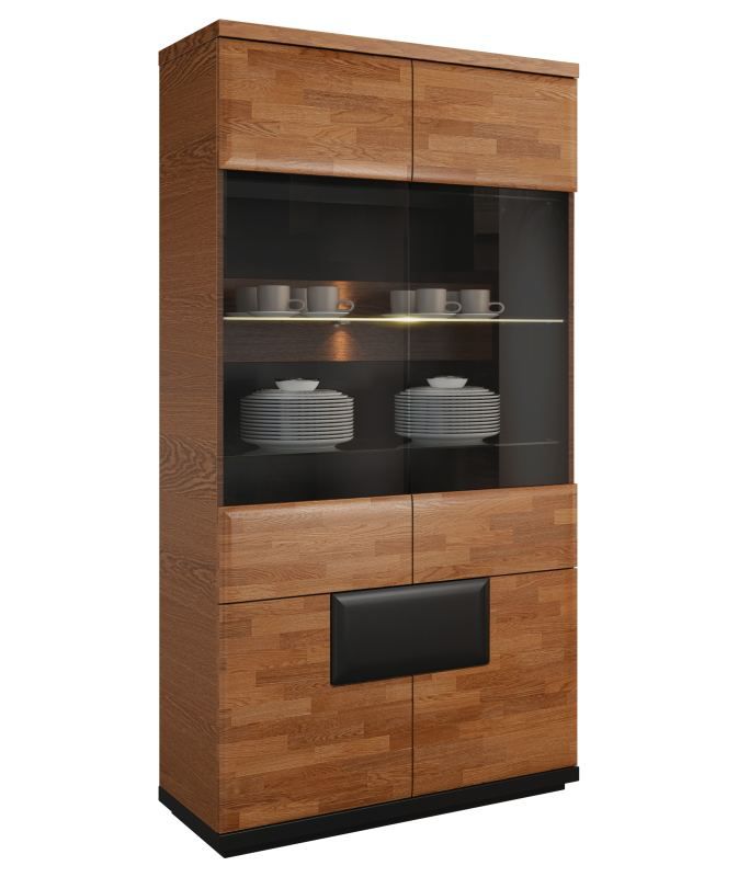 Vitrine "Postira" 01, Farbe: Walnuss / Schwarz, teilmassiv - Abmessungen: 193 x 102 x 42 cm (H x B x T)