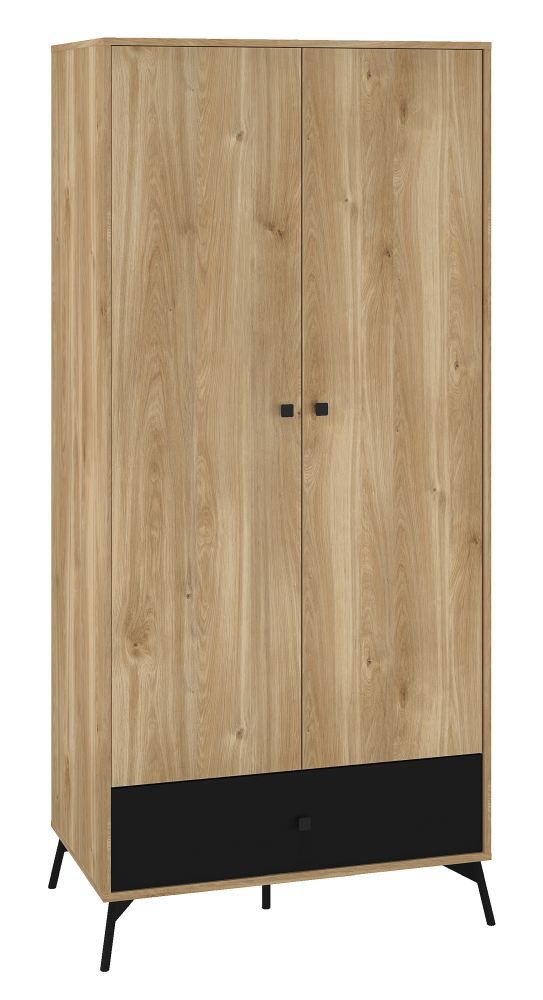 Kleiderschrank mit Schublade Lincolnia 01, Farbe: Eiche / Schwarz - Abmessungen: 200 x 90 x 55 cm (H x B x T), mit 2 Türen, 1 Schublade und 1 Fach