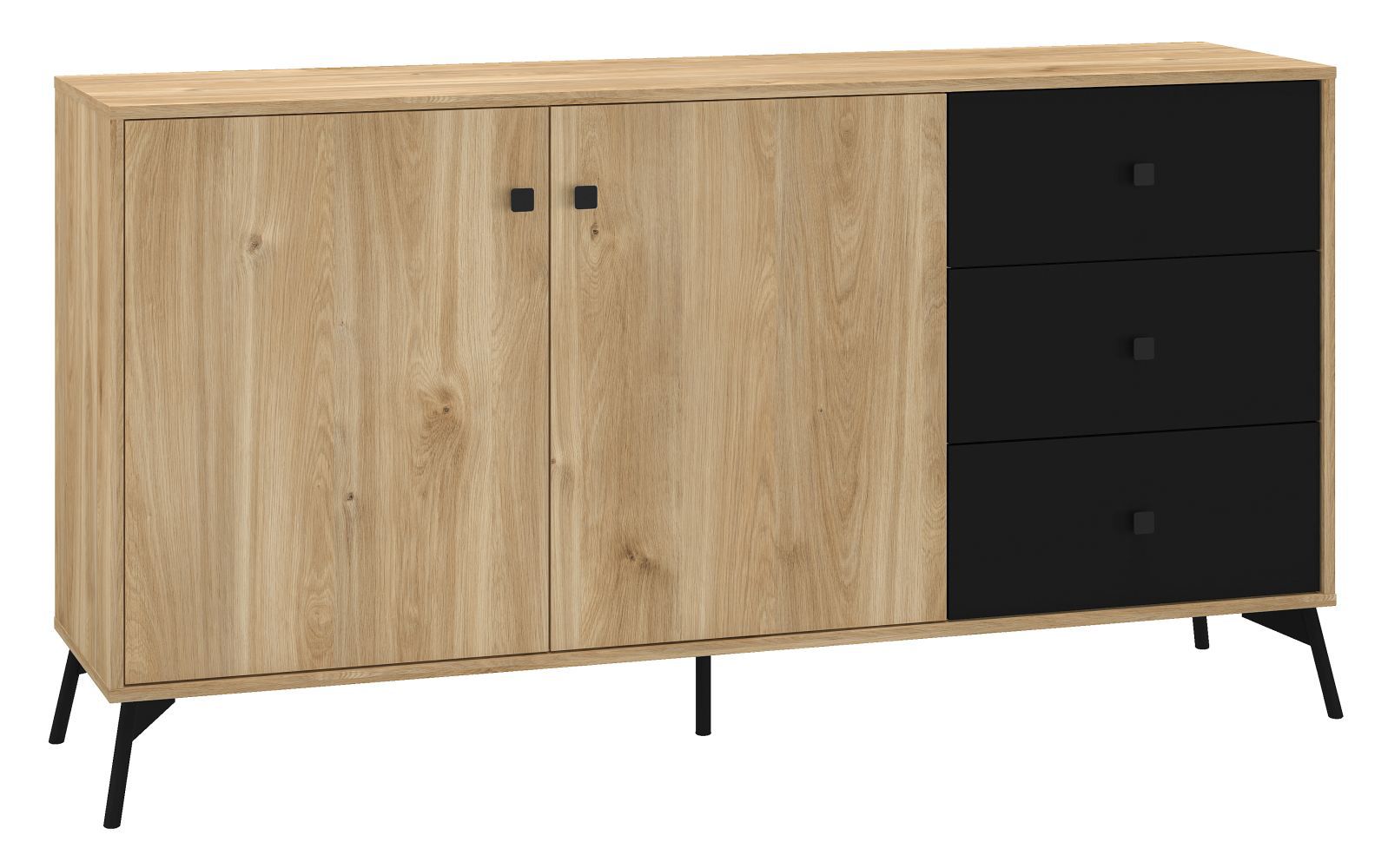 Kommode Lincolnia 04, Farbe: Eiche / Schwarz - Abmessungen: 85 x 160 x 40 cm (H x B x T), mit 2 Türen, 3 Schubladen und 4 Fächern