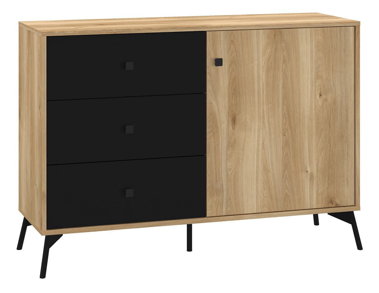 Kommode Lincolnia 05, Farbe: Eiche / Schwarz - Abmessungen: 85 x 120 x 40 cm (H x B x T), mit 1 Tür, 3 Schubladen und 2 Fächern