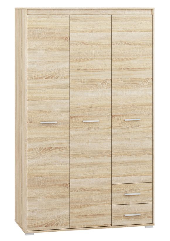 Drehtürenschrank / Kleiderschrank Mochis 01, Farbe: Sonoma Eiche hell inklusive 3 Farbeinsätzen - Abmessungen: 200 x 120 x 50 cm (H x B x T), mit 3 Türen, 2 Schubladen und 6 Fächern