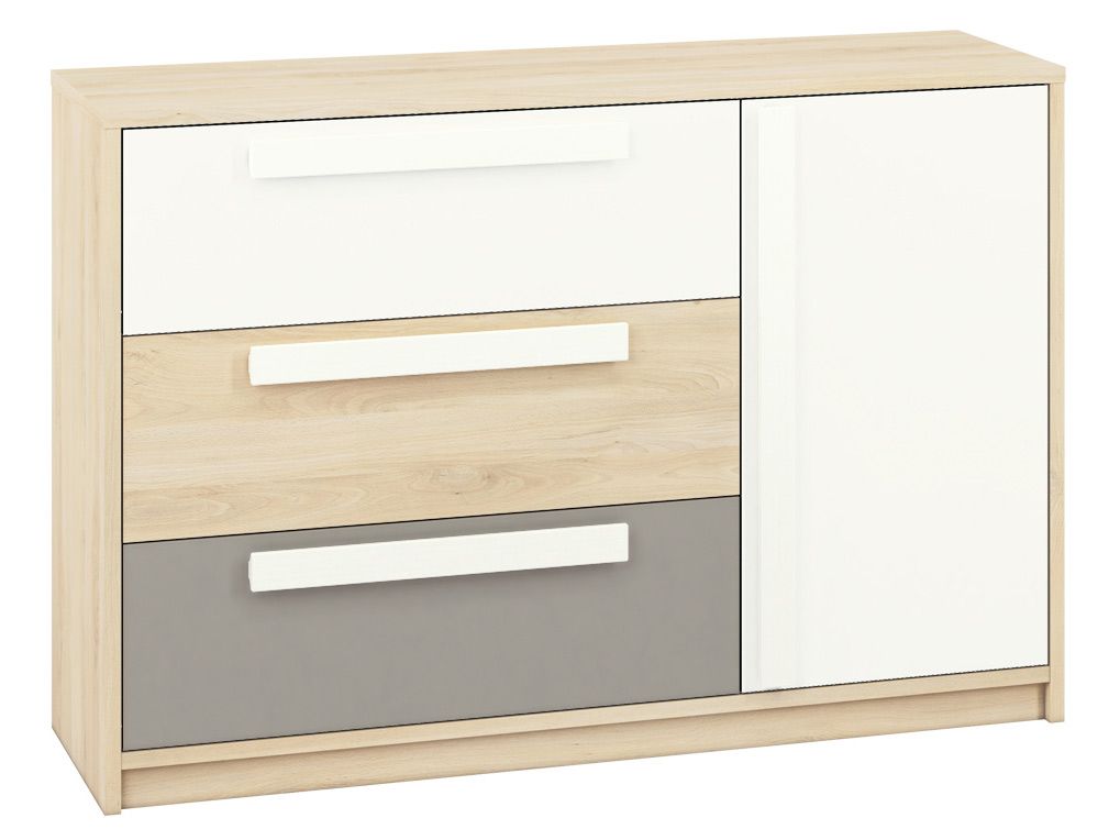 Jugendzimmer - Kommode Greeley 08, Farbe: Buche / Weiß / Platingrau - Abmessungen: 93 x 138 x 40 cm (H x B x T), mit 1 Tür, 3 Schubladen und 2 Fächern