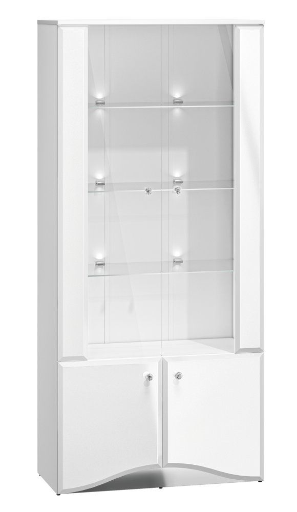 Vitrine Sydfalster 01, Farbe: Weiß / Weiß Hochglanz - Abmessungen: 191 x 87 x 41 cm (H x B x T), mit 4 Türen und 5 Fächern