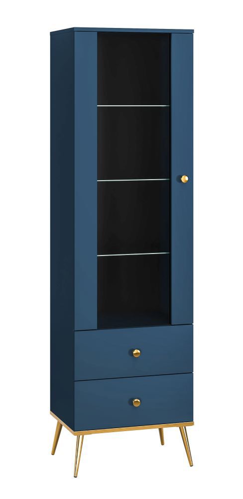 Vitrine Kumpula 01, Farbe: Dunkelblau - Abmessungen: 190 x 55 x 40 cm (H x B x T), mit 1 Tür, 2 Schubladen und 4 Fächern