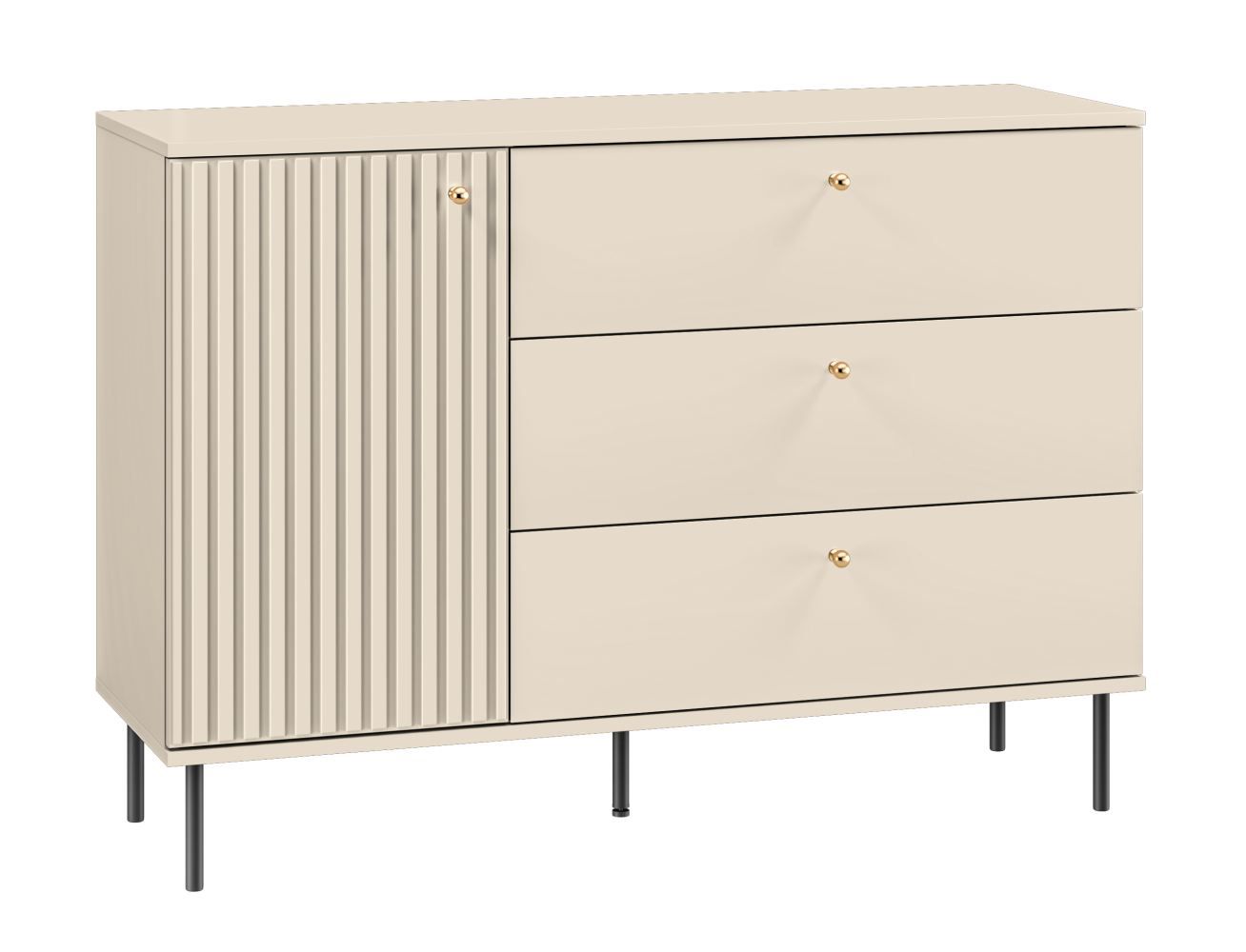 Kommode mit Schubladen Petkula 05, Farbe: Beige hell - Abmessungen: 85 x 120 x 40 cm (H x B x T), mit 1 Tür, 3 Schubladen und 2 Fächern